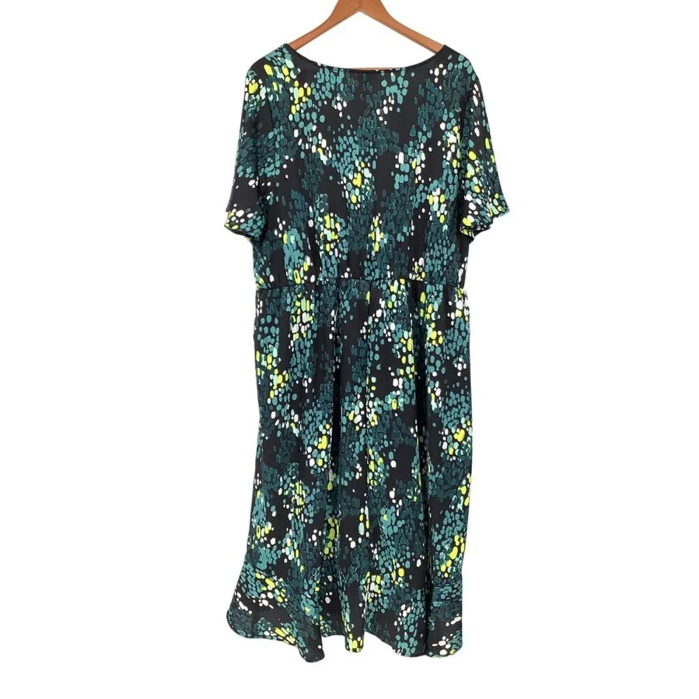 Torrid Plus Size 3 Faux Wrap Flutter Sleeve Dress Pockets Lined Black & Green - Picture 3 of 7